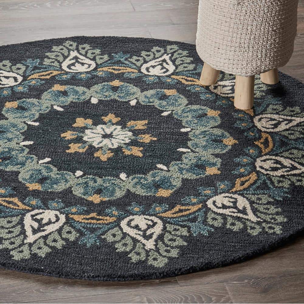 Handmade Gray Floral Wool Round Area Rug, 4 Feet