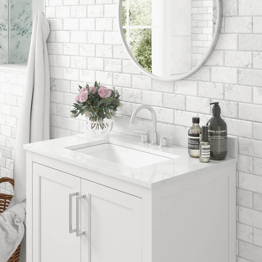 30" White Freestanding Bathroom Vanity with Carrara Marble Countertop