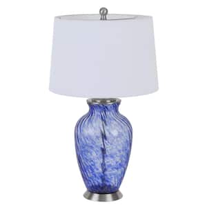 28 in. Blue Swirl Glass Table Lamp with White Empire Shade