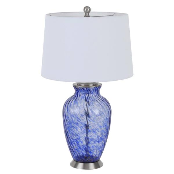 HomeRoots 28 in. Blue Swirl Glass Table Lamp with White Empire Shade