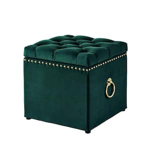 Micella Hunter Green/Gold Velvet Nailhead Trim 1Pc Cube Storage Ottoman