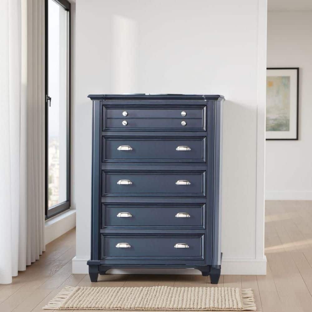 Benjara Zeny Slate Blue 5-drawer 38 in. Wide Tall Chest of Drawers