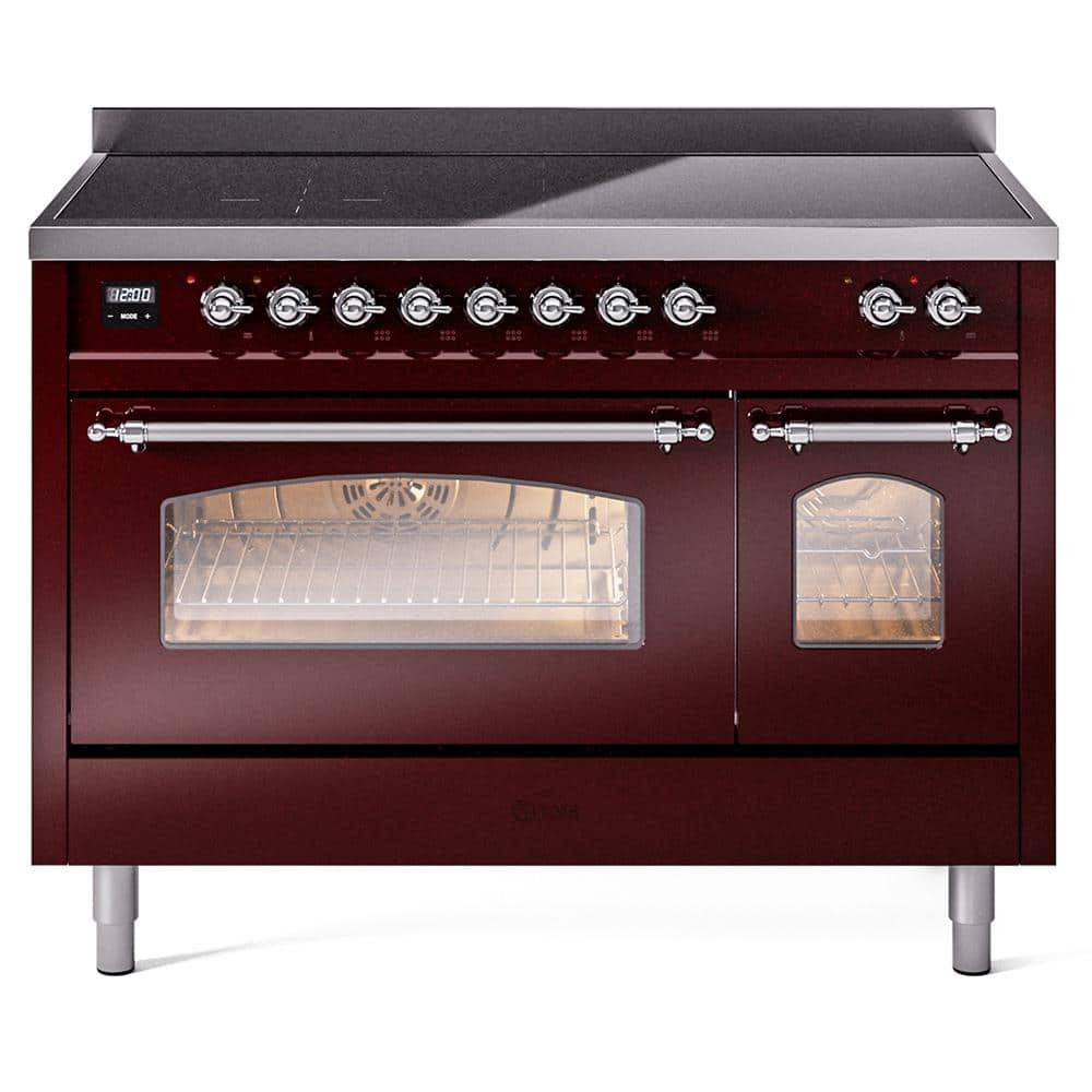 Nostalgie 48 in. 6 Zone Freestanding Double Oven Induction Range in Burgundy with Chrome Trim -  ILVE, UPI486NMPBUC