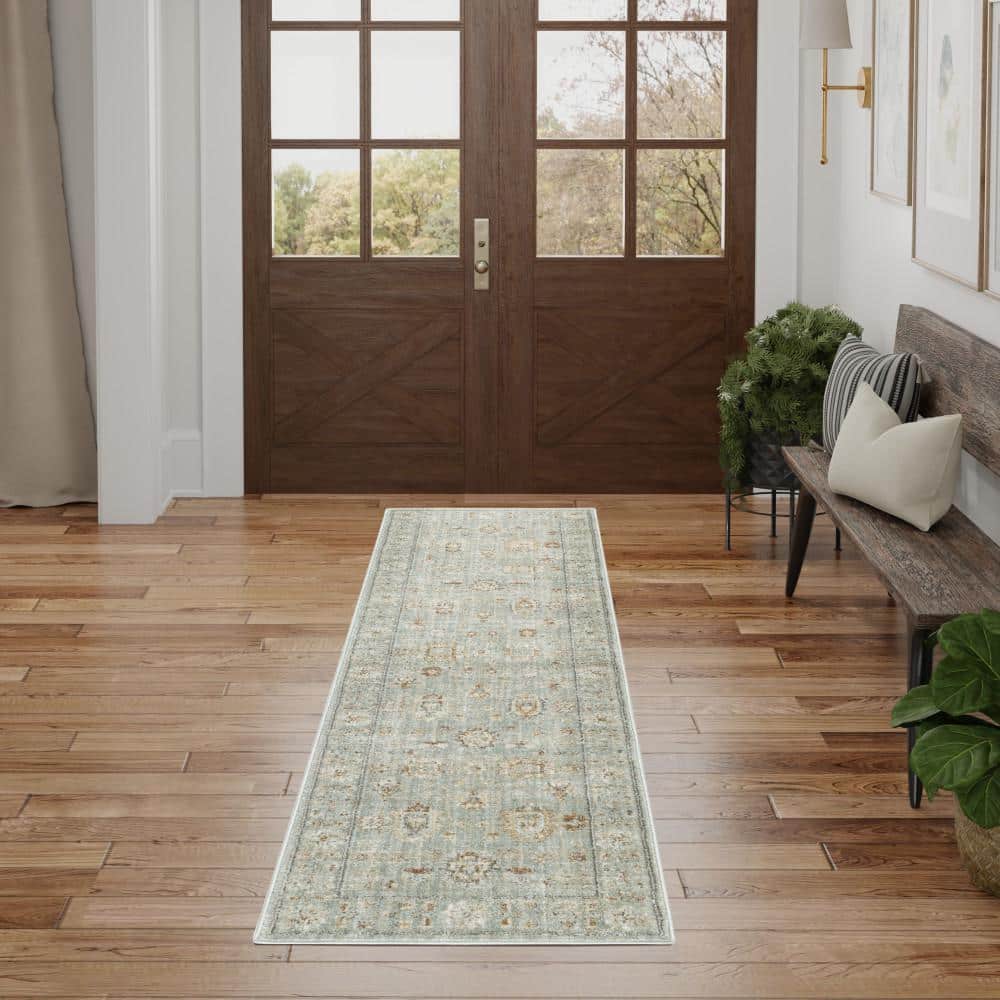 Mint Green Vintage Persian Style Runner Rug with Fringe Edges