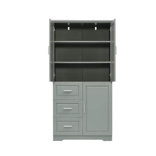 33 in. W x 20 in. D x 62 in. H Gray Linen Cabinet with Doors and 3-Drawers