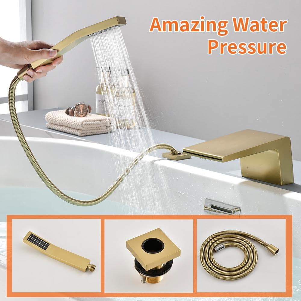 Brushed Gold Single Handle Waterfall Tub Faucet with Hand Shower