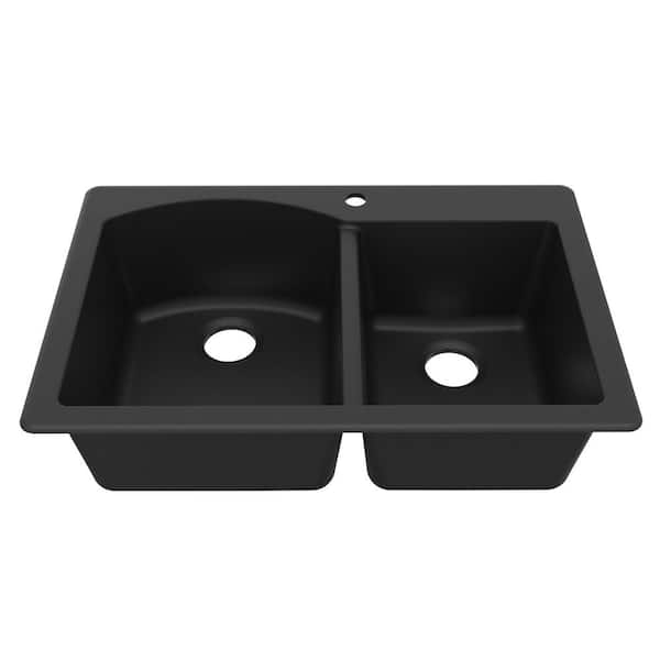 Drop-In Quartz Composite 33 in. 1-Hole 60/40 Double Bowl Kitchen Sink in Black