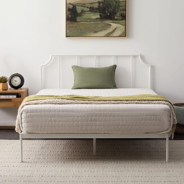 White-A Metal Frame King Platform Bed with Vertical Bar Headboard and Scooped Corners, Solid Steel Construction