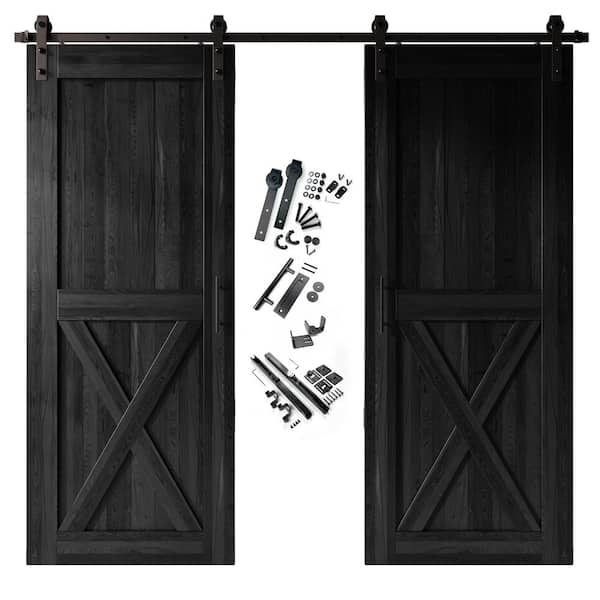 36 in. x 96 in. X-Frame Black Double Pine Wood Interior Sliding Barn Door with Hardware Kit, Non-Bypass