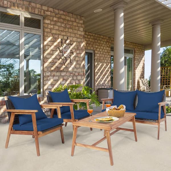 4-Pieces Patio Wood Outdoor Loveseat with Navy Cushion with Conversation Set