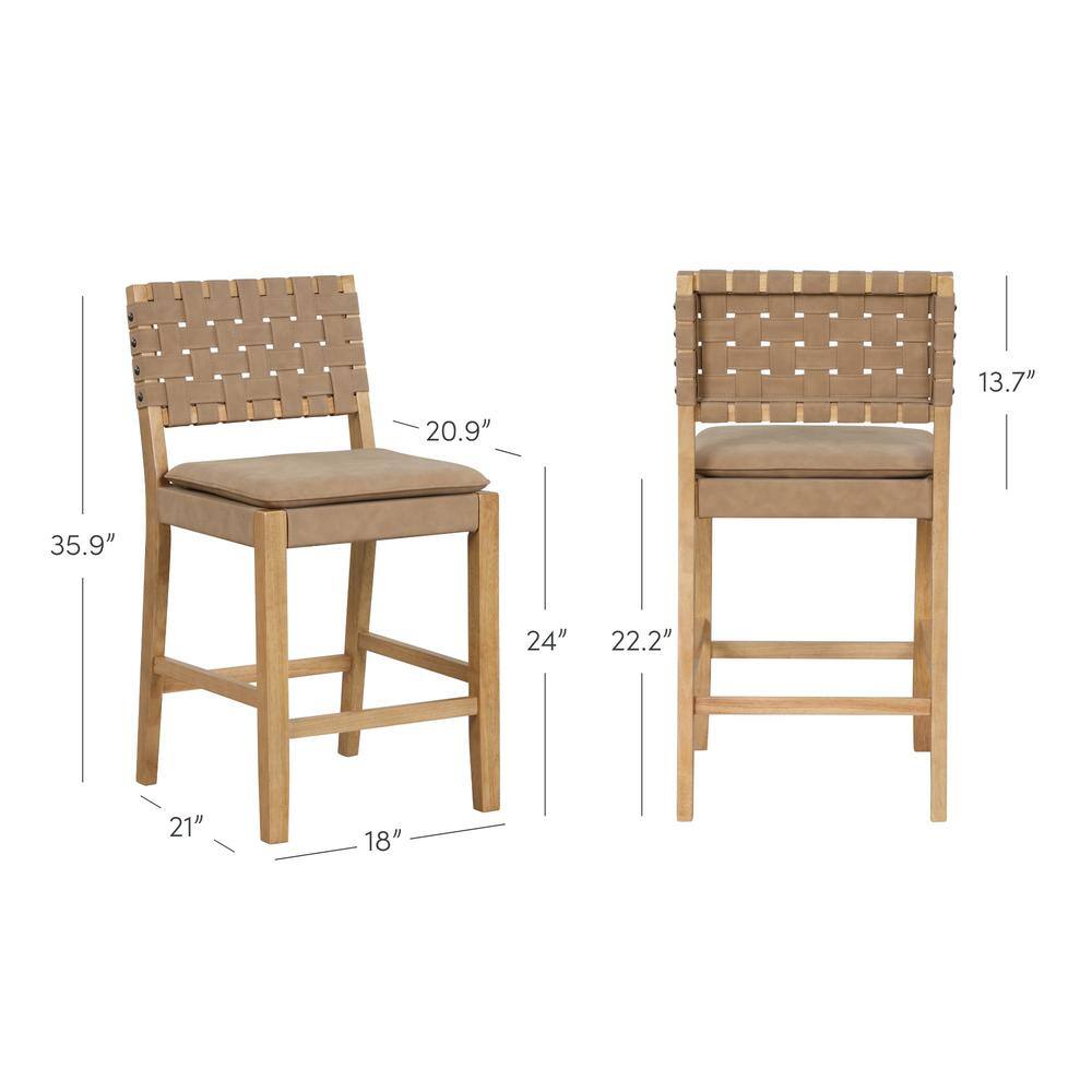 Natural Brown Faux Leather Woven Back Counter Stool