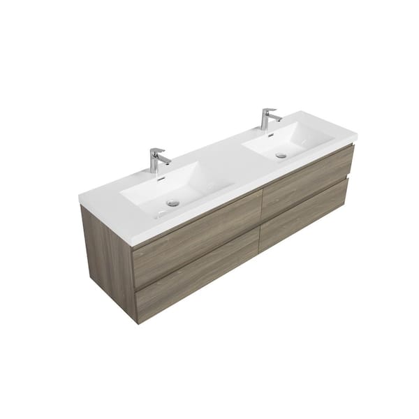 70.55 in. W Double Sinks Wall-Mounted Ash Gray Bath Vanity With White Resin Top Unassembled
