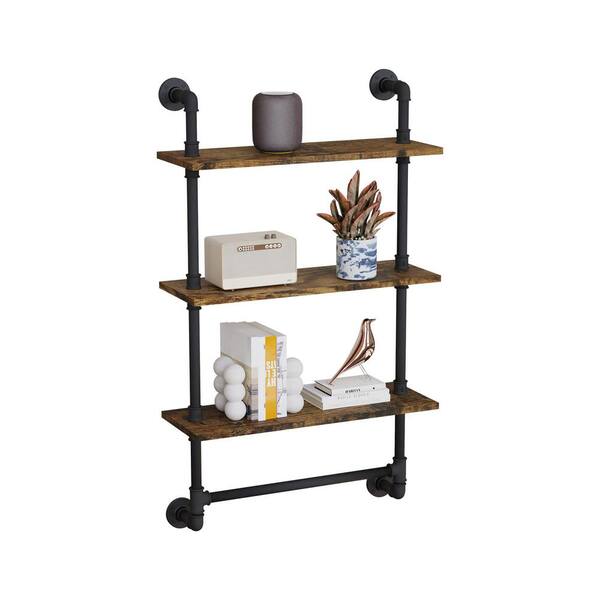 HOMCOM 4-Tier Industrial Pipe Shelves Floating Wall Mounted Bookshelf,  Metal Frame Display Rack, 1.25 Thickness Shelving Unit Kitchen, Bar, Brown