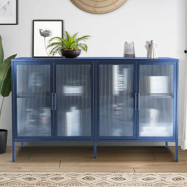 FUNKOL 59.17 in. W Blue Anti-Tip Tempered Glass Cabinet with 4-Glass Doors and Adjustable Shelf and Feet
