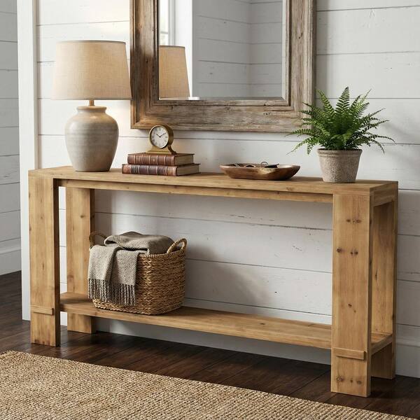 Catalin 70.9 in. Solid Wood Vintage Brown Sofa Table Industrial 2-Tiers Console Narrow Long Sofa Table Storage Shelves
