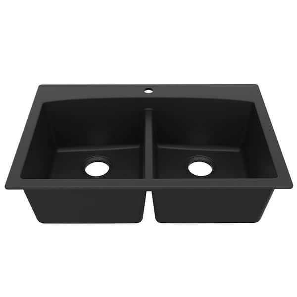 Quartz Granite Composite 33 in. Drop-in Top Mount 50/50 Double Bowl Kitchen Sink in Black