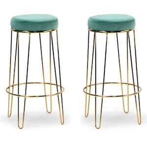 Set of 2 Angie Turquoise Velvet 29 in. Bar Stool with Golden Metal Frame