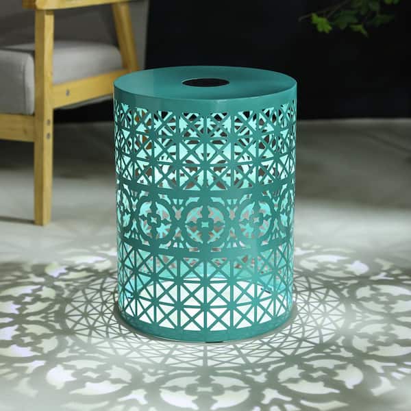 Noble House Herals Teal Iron Outdoor Patio Side Table with Solar Powered Light