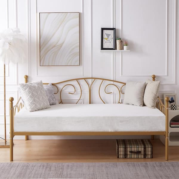 Metal Daybed Sofa Bed Frame Twin Size with Heavy-Duty Slats Platform Mattress Foundation, Gold