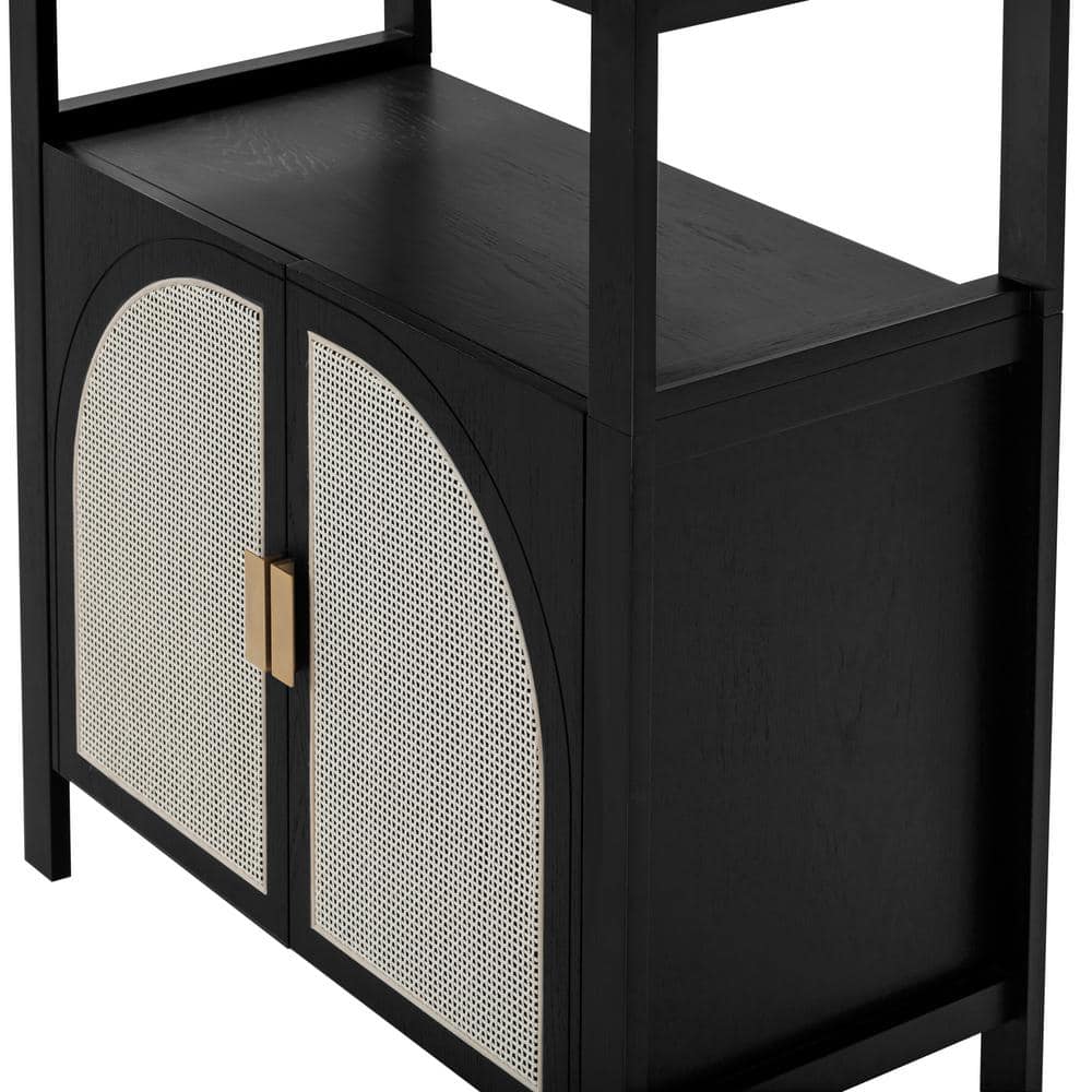 Black Oak 3-Shelf Bookshelf Cabinet with Faux Rattan Doors