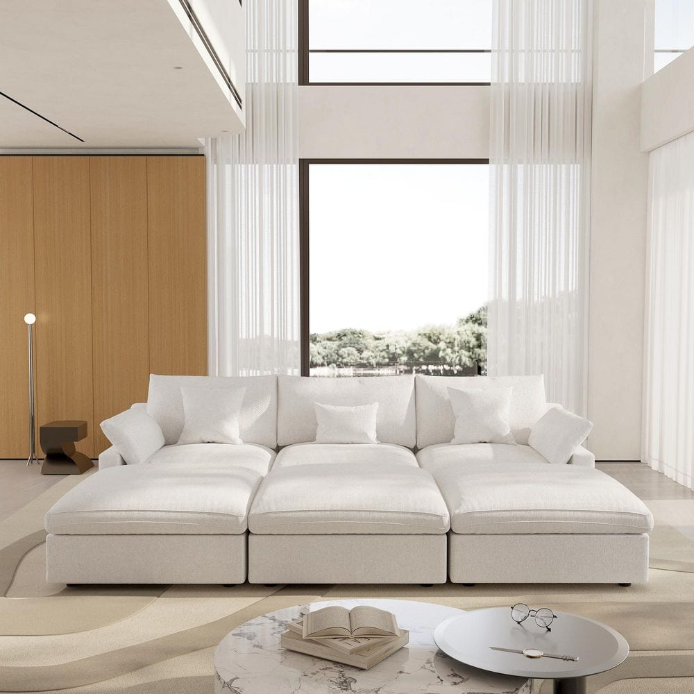 155.9 in. Slope Arm 6-Piece Linen Feather Deep Seat U-Shaped Free Combination Sectional Sofa with Ottoman in. White