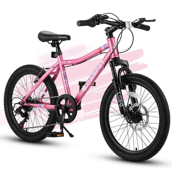 20 in. Pink Steel Frame Mountain Bike with Front Suspension Disc Brake Rear V-Brake for Ages 8-12