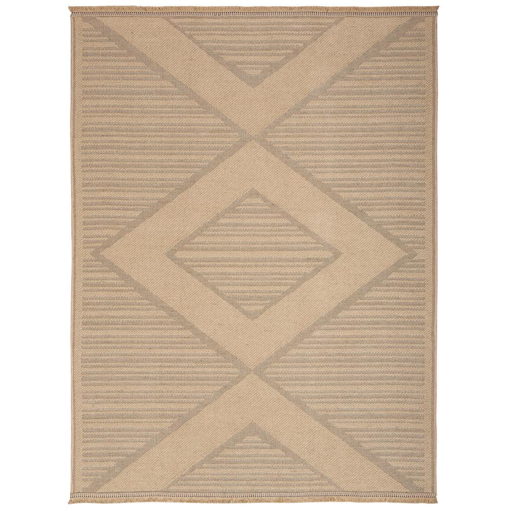 Natural Beige Geometric Wool and Synthetic 5'3" x 7'3" Washable Rug
