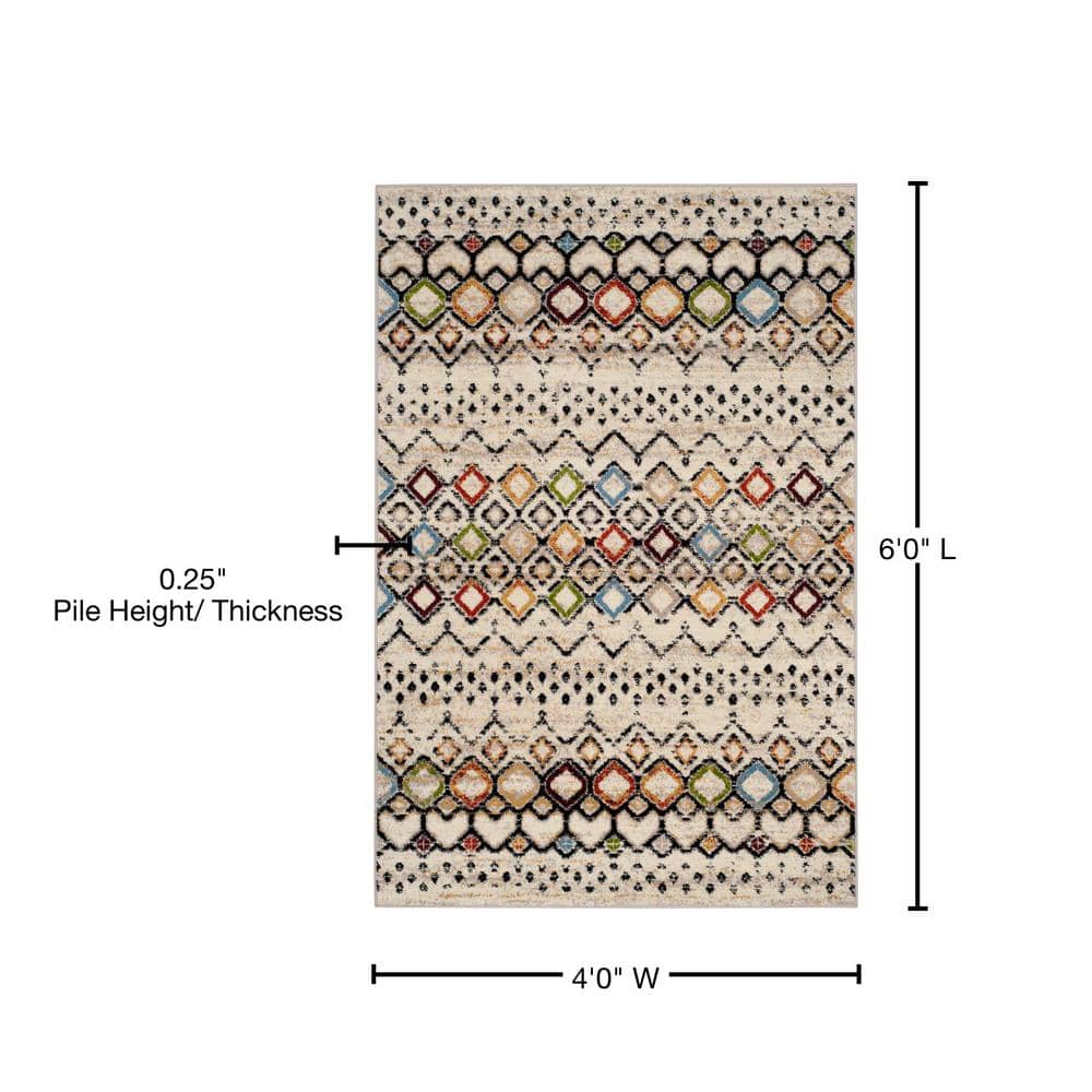 Ivory Multi Geometric 4' x 6' Easy-Care Synthetic Area Rug