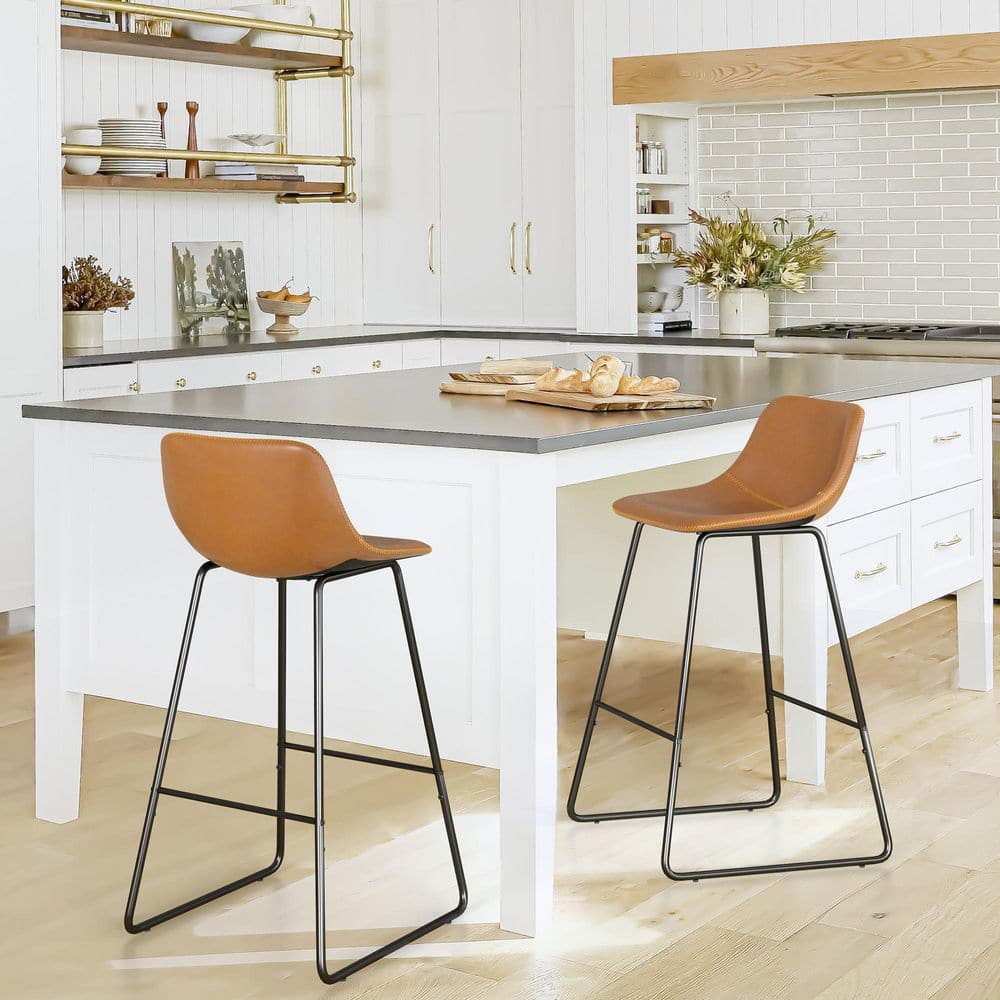 Whiskey Brown Faux Leather Mid-Century Bar Stools, Set of 2