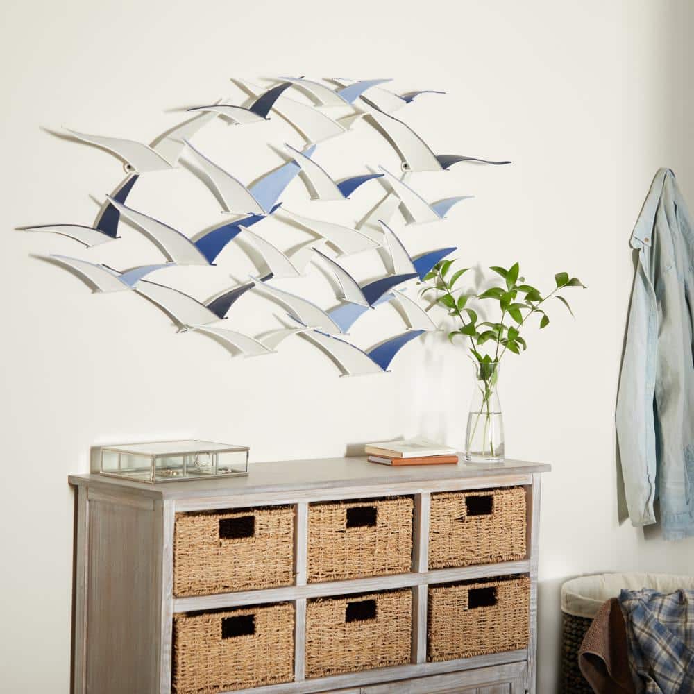 48 in. x  25 in. Metal Blue Flying Flock Of Bird Wall Decor