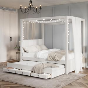 Beige Wood Frame Full Size Canopy Bed with Trundle and Drawer