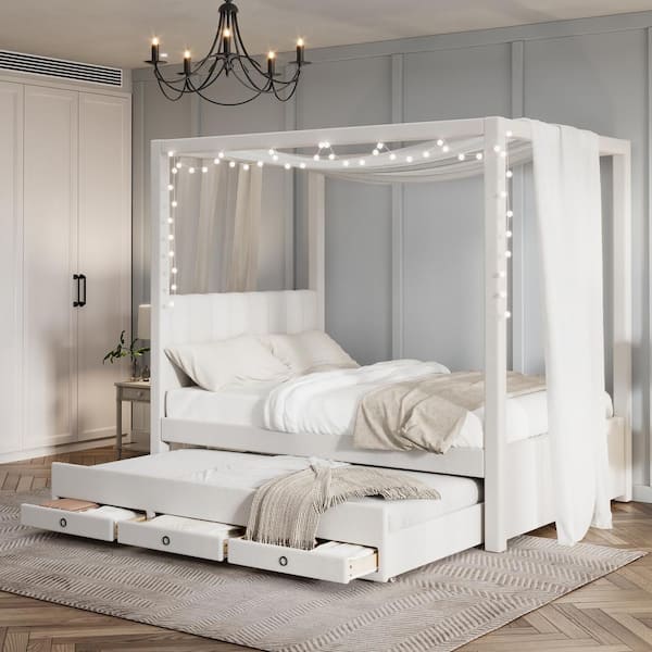 Beige Wood Frame Full Size Canopy Bed with Trundle and Drawer