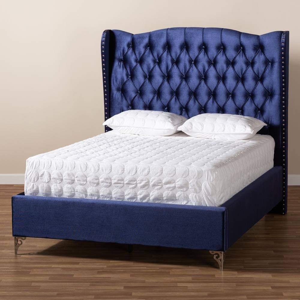 Luxurious Navy Blue Velvet Queen Bed with Tufted Wingback Headboard