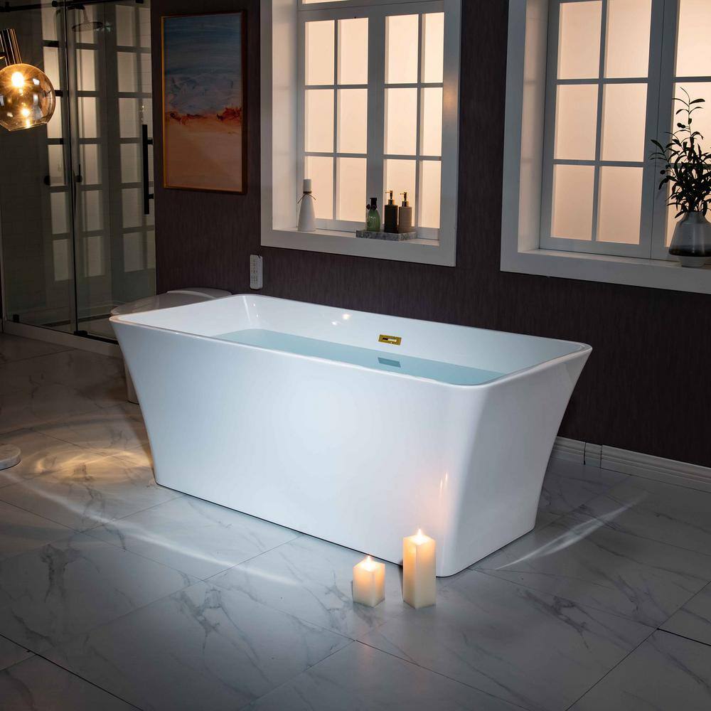 Echo 59'' White Acrylic Freestanding Soaking Bathtub with Brushed Gold Trim