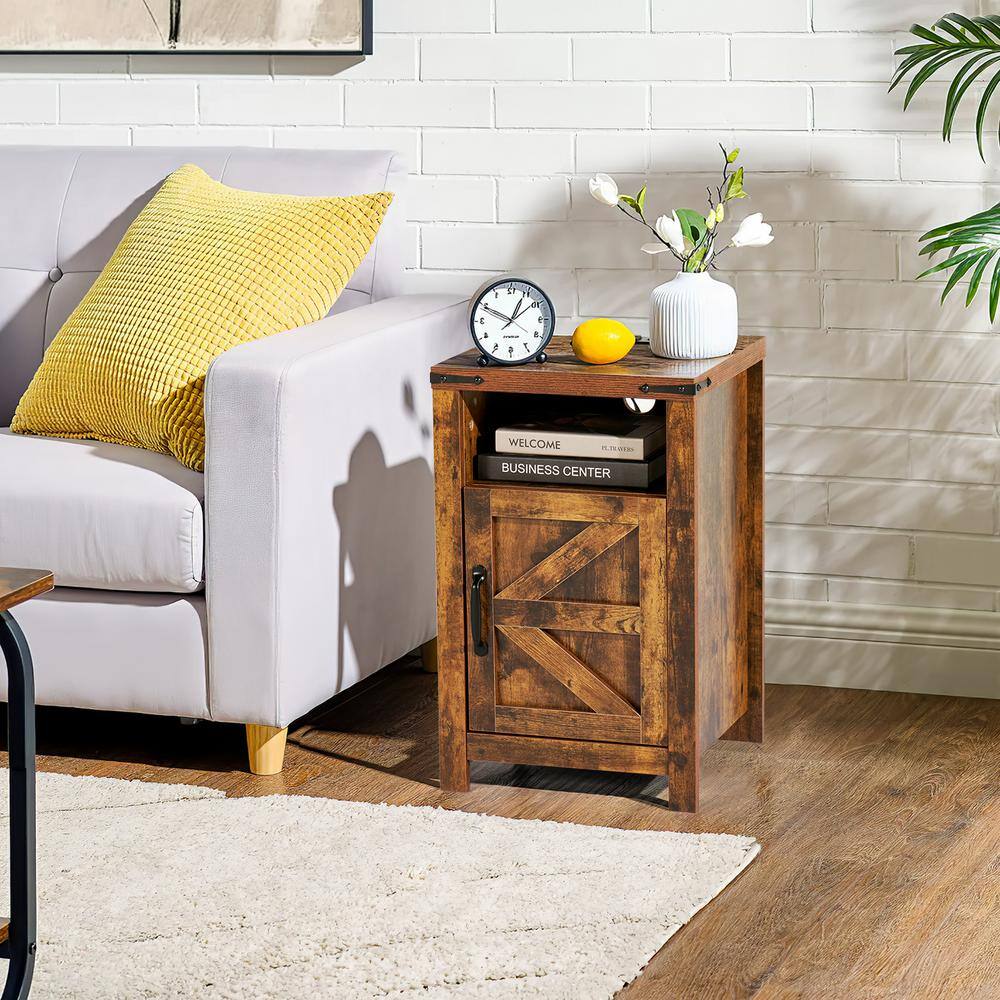 Brown Farmhouse Nightstand Set with Charging Station and Barn Door