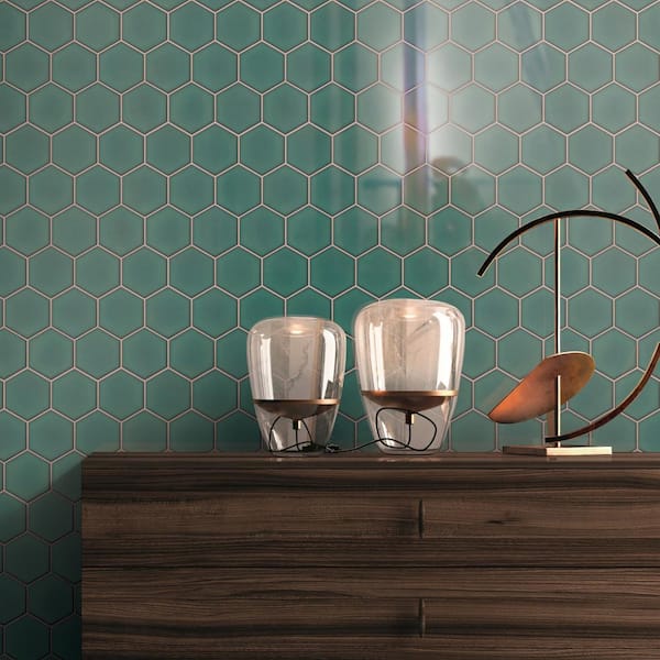 Porcetile Crystal Green 10.08 in. x 11.64 in. Hexagon Glossy Porcelain Mosaic Wall and Floor Tile (9.02 sq. ft./Case)