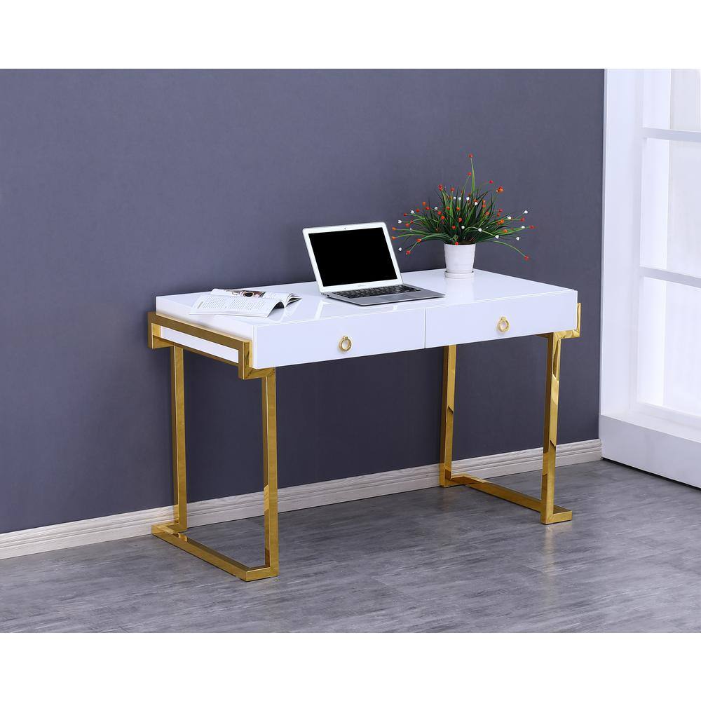 White Lacquered Poplar Wood Computer Desk with Gold Steel Legs