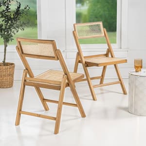 Theo Mid-Century Vintage Wood Rattan Folding Side Chair with Adjustable Back, Light Brown (Set of 2)