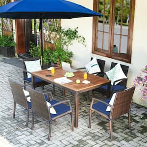 7-Piece Wicker Rectangle Table Outdoor Dining Set with Navy Cushions and 2.16" Umbrella Hole