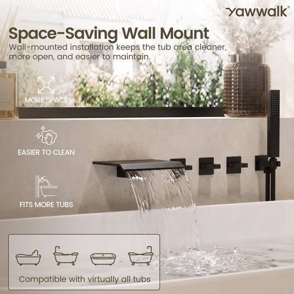 YAWWALK 3-Handle Wall Mount Waterfall Roman Tub Faucet 5.6 GPM