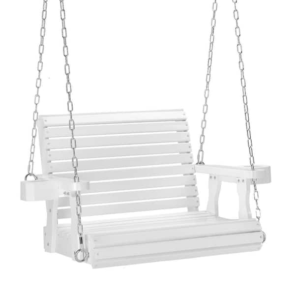 VINGLI 2.5 ft. 1-Person White Pine Wood Patio Porch Swing with Extra Cup Holders, Support 440 lbs. Weather Resistant