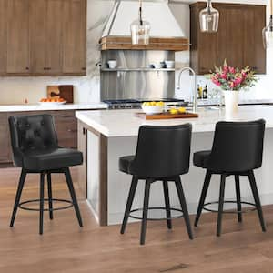 Roman 26.5 in. Black Faux Leather Solid Wood Leg Counter Height Swivel Bar Stool With Back（Set of 3）