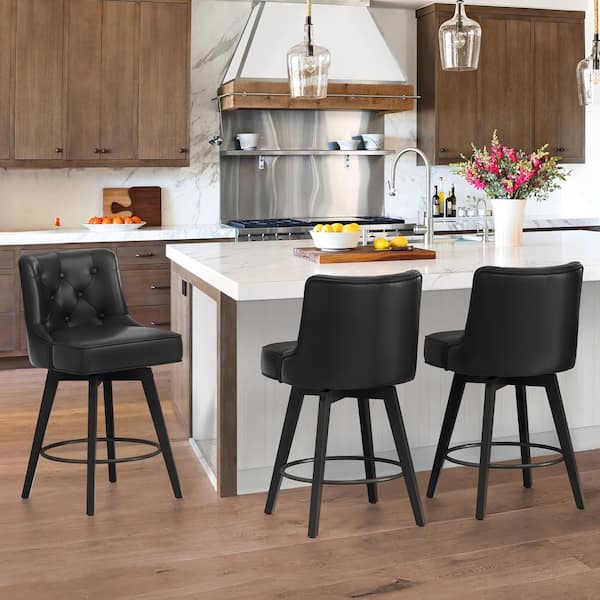 Roman 26.5 in. Black Faux Leather Solid Wood Leg Counter Height Swivel Bar Stool With Back（Set of 3）