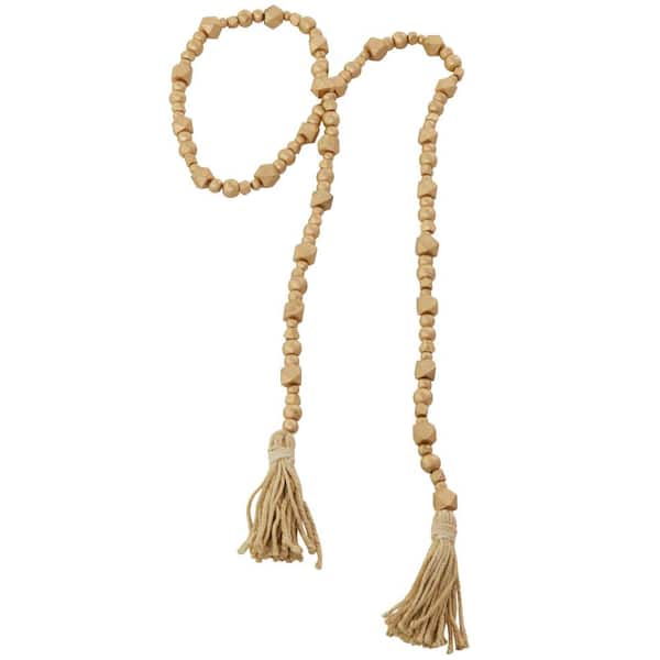 Gold Handmade Mango Wood Hexagon Metallic Carved Geometric Long Beaded Garland with Tassel