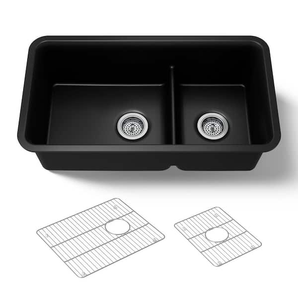 KOHLER Cairn Matte Black Granite Composite 33 .5 in. Double Bowl Undermount Kitchen Sink