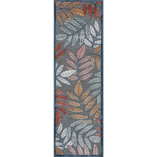 Tayse Rugs Tropic Floral Black 2 ft. x 8 ft. Indoor/Outdoor Area Rug