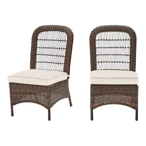 Beacon Park Brown Wicker Outdoor Patio Armless Dining Chair with CushionGuard Almond Tan Cushions (2-Pack)