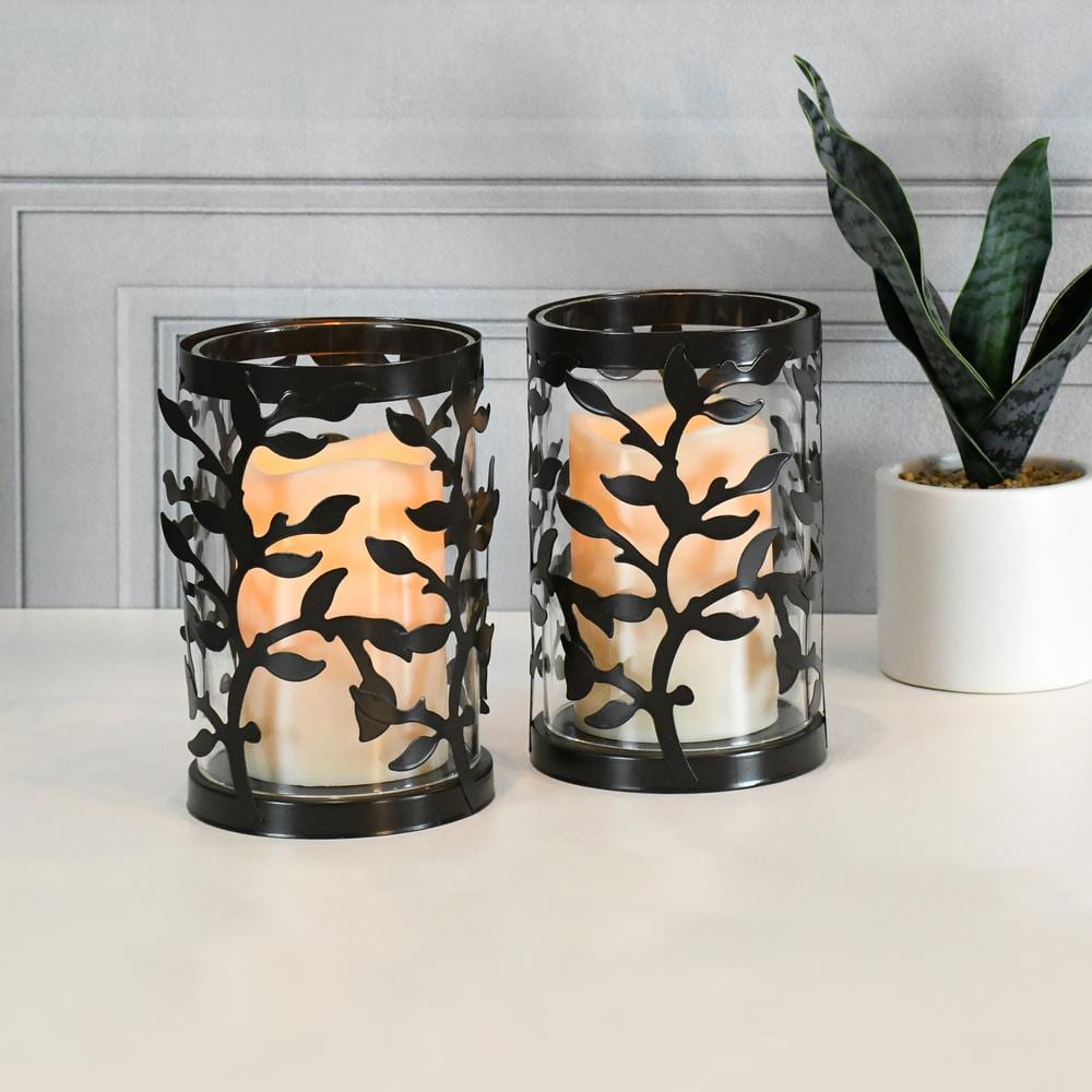 Black Vine Metal and Glass LED Flameless Pillar Candles Set of 2