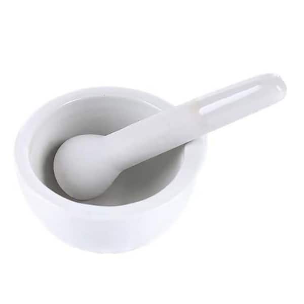 Ceramic White Mortar and Pestle Set for Pills and Spices with Brush and Spoon, Unglazed Stable Base