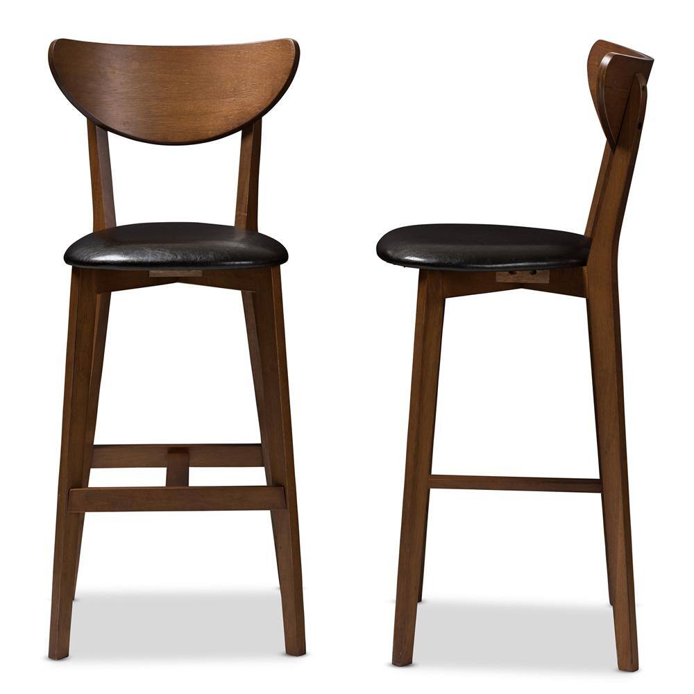 Two wooden bar stools with black seats shown from different angles.